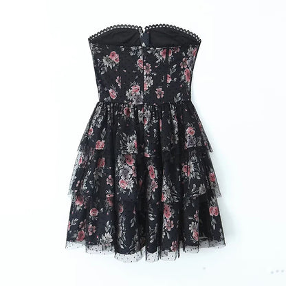 Strapless Black Floral Tiered Party Dress