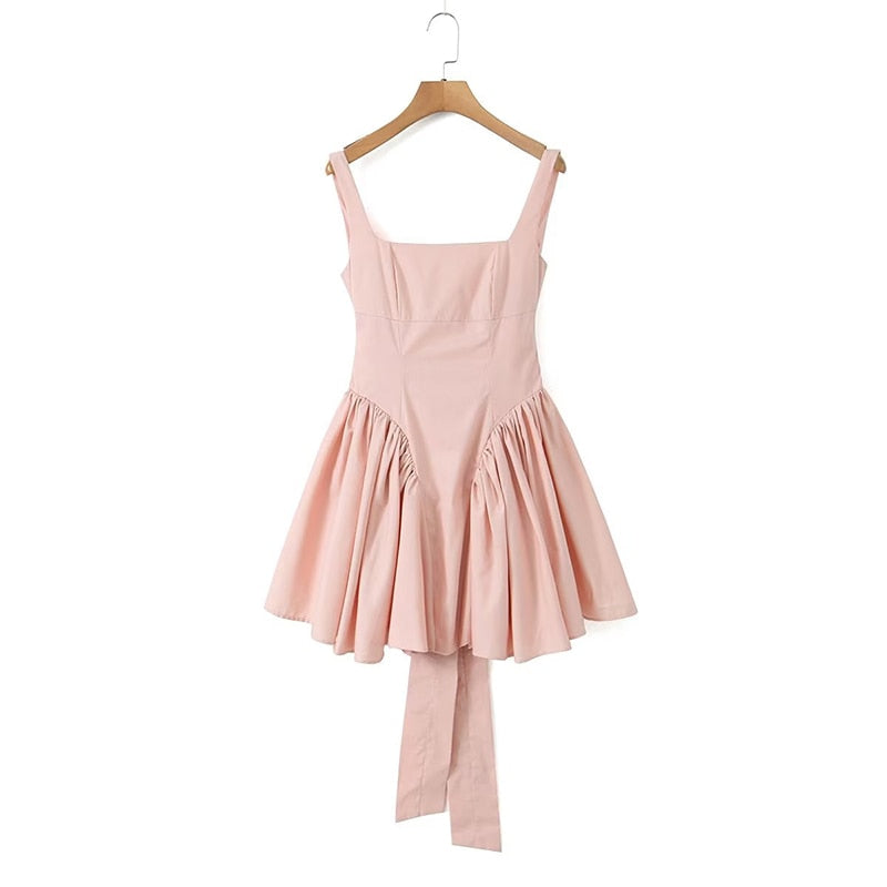 Sweet Bow-Tie Pleated Swing Mini Dress