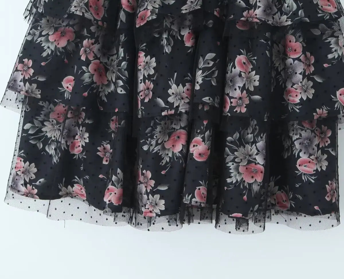 Strapless Black Floral Tiered Party Dress