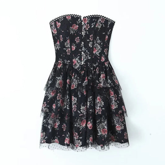 Strapless Black Floral Tiered Party Dress