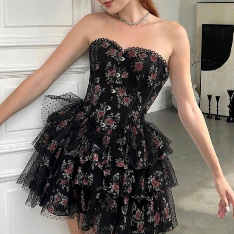 Strapless Black Floral Tiered Party Dress